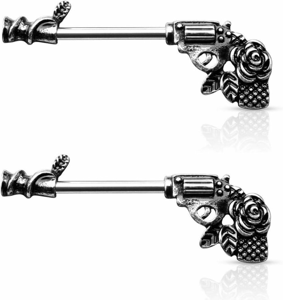 Pierced Owl Pierced Owl - 14G Stainless Steel Rose Pistol Gun Nipple Barbells, Sold As A Pair | Body Piercing Barbells