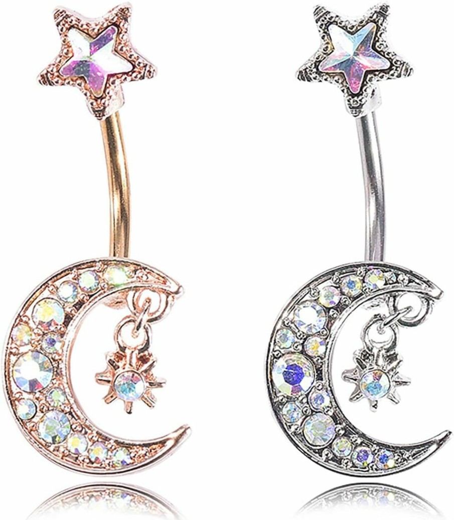 TinCiy 2Pcs 14G Belly Button Rings Moon And Star Navel Ring 316L Surgical Steel Cubic Zirconia Body Piercing Jewelry | Body Piercing Barbells