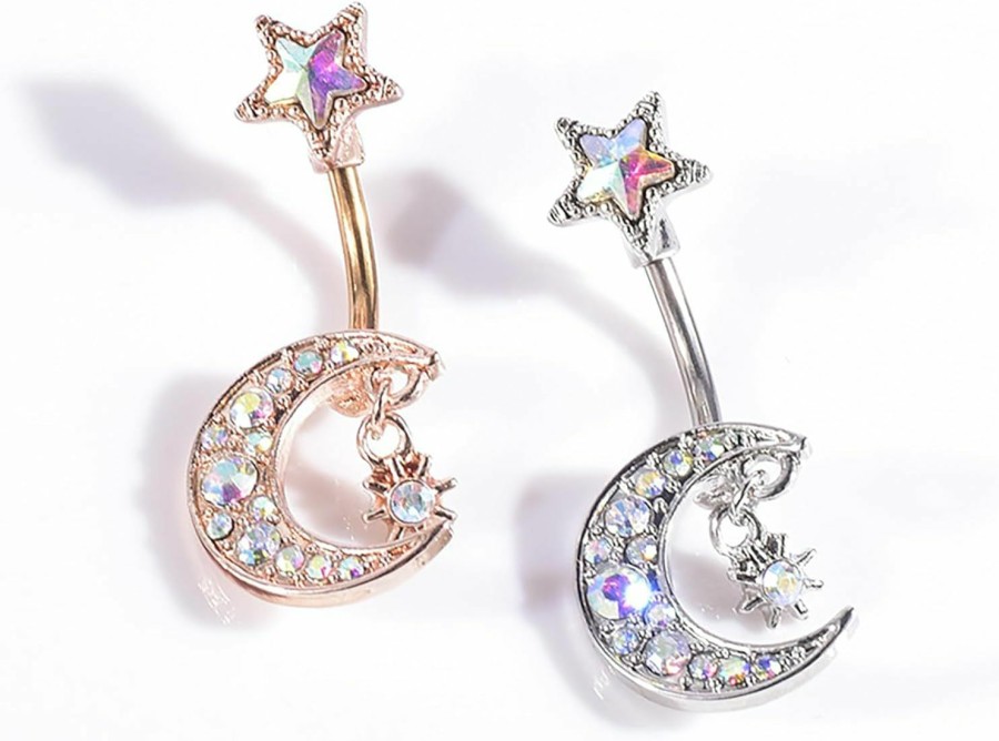 TinCiy 2Pcs 14G Belly Button Rings Moon And Star Navel Ring 316L Surgical Steel Cubic Zirconia Body Piercing Jewelry | Body Piercing Barbells