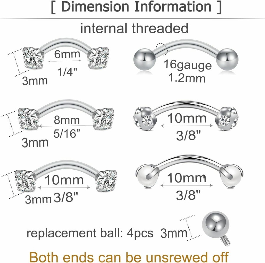 MODRSA Modrsa Rook Piercing Jewelry Rook Earrings For Women Eyebrow Rings Surgical Steel Vertical Labret Jewelry 16G 14G Curved Barbell Snug Daith Surface Tragus Piercing Jewelry Silver Gold | Body Piercing Barbells