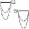 Pierced Owl Pierced Owl 14Ga 316L Stainless Steel Prong Set Cz Crystal Ends With Double Dangling Chains Nipple Barbells, Sold As A Pair | Body Piercing Barbells