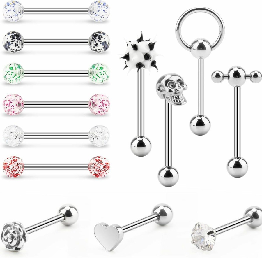 CrazyPiercing Crazypiercing Assorted Tongue Rings, 14G Stainless Steel Tongue Piercing Rings Assorted Barbell Bar Nipple Cute Tongue Rings For Women Men(13Pcs) | Body Piercing Barbells