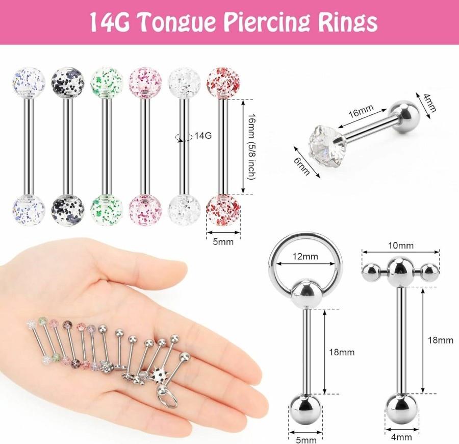 CrazyPiercing Crazypiercing Assorted Tongue Rings, 14G Stainless Steel Tongue Piercing Rings Assorted Barbell Bar Nipple Cute Tongue Rings For Women Men(13Pcs) | Body Piercing Barbells