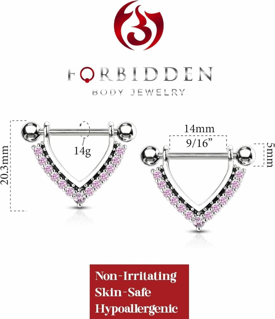 Forbidden Body Jewelry Forbidden Body Jewelry Pair Of Surgical Steel 9/16 Inch (14Mm) Cz Lined Black Accent Sexy Dangle Nipple Rings | Body Piercing Barbells