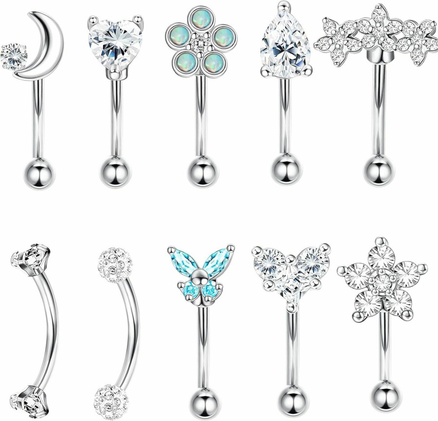 THUNARAZ Thunaraz 16G Rook Daith Earrings For Women Surgical Steel 6Mm Eyebrow Rings Inlaid Cz Opal Turquoise Belly Lip Ring Cartilage Surface Tragus Piercing Jewelry 10 Pcs | Body Piercing Barbells