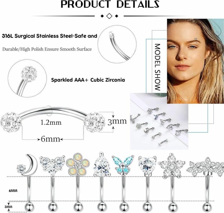 THUNARAZ Thunaraz 16G Rook Daith Earrings For Women Surgical Steel 6Mm Eyebrow Rings Inlaid Cz Opal Turquoise Belly Lip Ring Cartilage Surface Tragus Piercing Jewelry 10 Pcs | Body Piercing Barbells