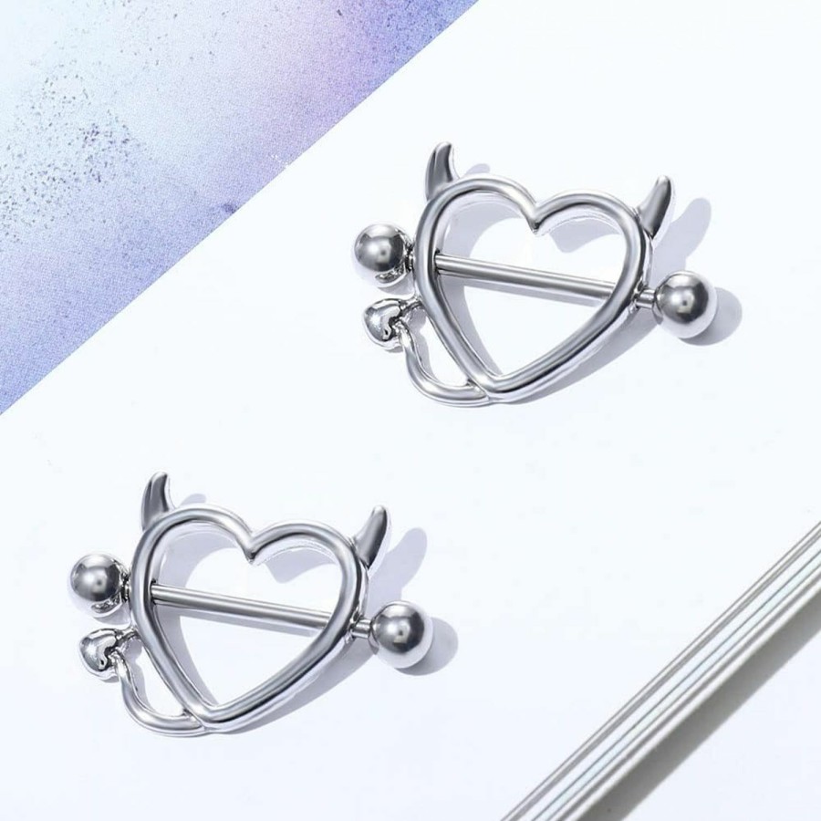 MIFYNN Mifynn 1 Pair Nipple Rings For Women,Devil Heart Nipple Rings Surgical Steel Nipple Piercing Bar Shield Cover Barbell Sexy Piercings Nipple Hoops Piercing Jewelry For Girls | Body Piercing Barbells