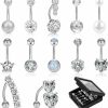 WINSENET Winsenet 12/15Pcs Belly Button Rings 14G Belly Rings For Women Cz Dangle Curved Navel Barbell Body Piercing Jewelry With Gift Box | Body Piercing Barbells