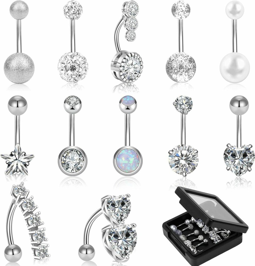 WINSENET Winsenet 12/15Pcs Belly Button Rings 14G Belly Rings For Women Cz Dangle Curved Navel Barbell Body Piercing Jewelry With Gift Box | Body Piercing Barbells