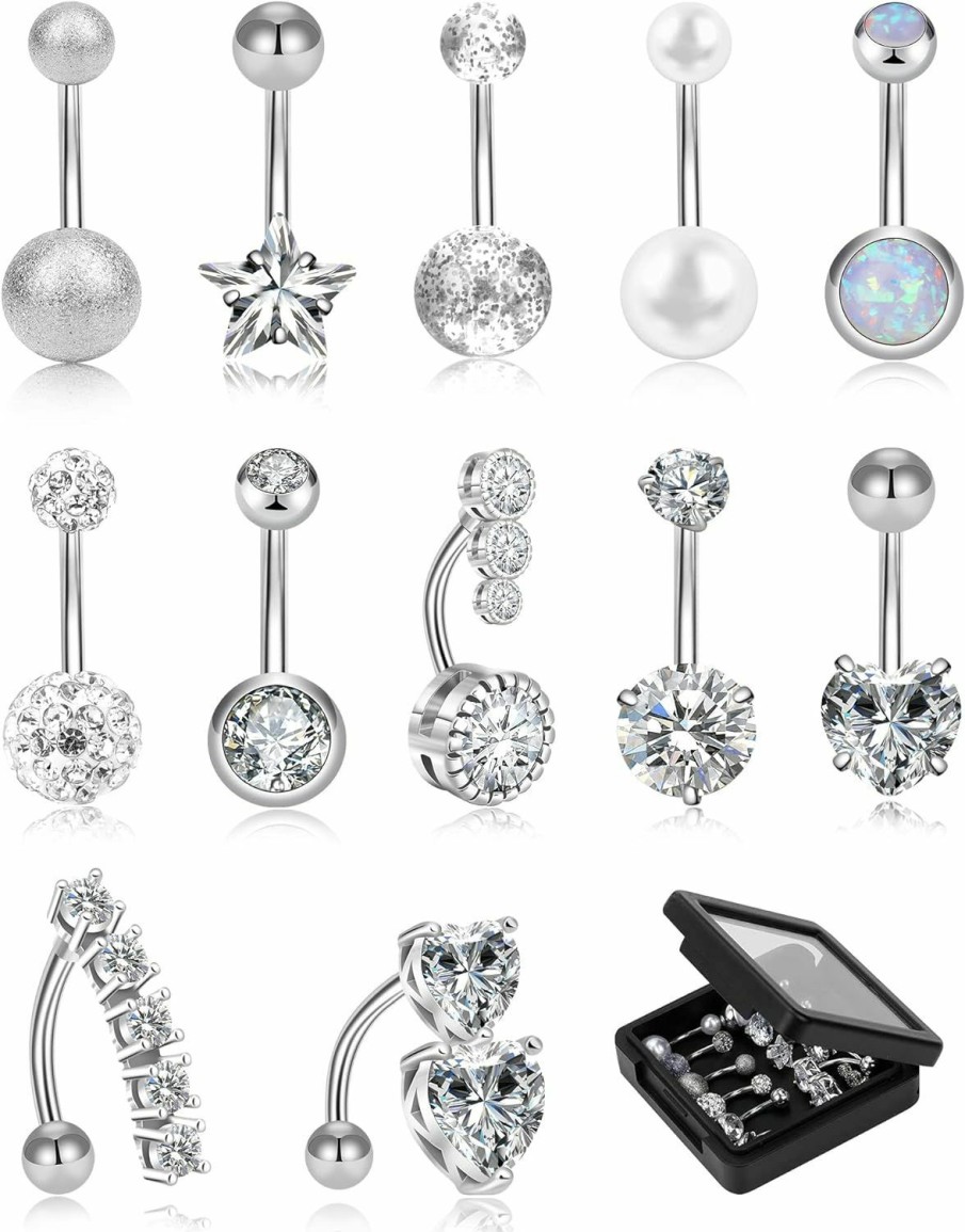 WINSENET Winsenet 12/15Pcs Belly Button Rings 14G Belly Rings For Women Cz Dangle Curved Navel Barbell Body Piercing Jewelry With Gift Box | Body Piercing Barbells