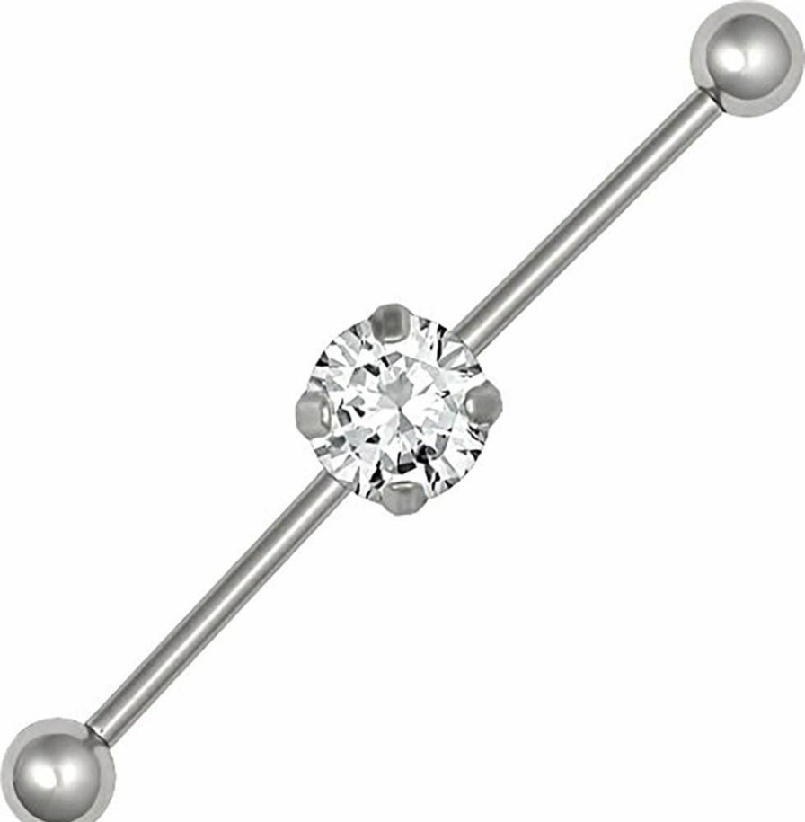 Forbidden Body Jewelry Forbidden Body Jewelry 14G Surgical Steel 38Mm (1.5 Inch) Clear Solitaire Cz Crystal Industrial Barbell, 5Mm Balls | Body Piercing Barbells