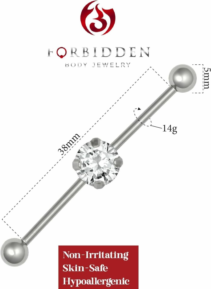 Forbidden Body Jewelry Forbidden Body Jewelry 14G Surgical Steel 38Mm (1.5 Inch) Clear Solitaire Cz Crystal Industrial Barbell, 5Mm Balls | Body Piercing Barbells