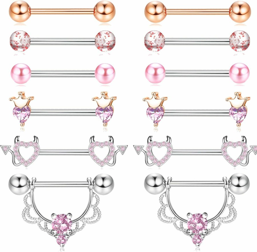 JOERICA Joerica 6 Pairs 14G Nipple Rings For Women 316L Stainless Steel Heart Butterfly Moon Cz Flower Barbell Nipple Rings Set Cute Nipplerings Piercing Jewelry | Body Piercing Barbells