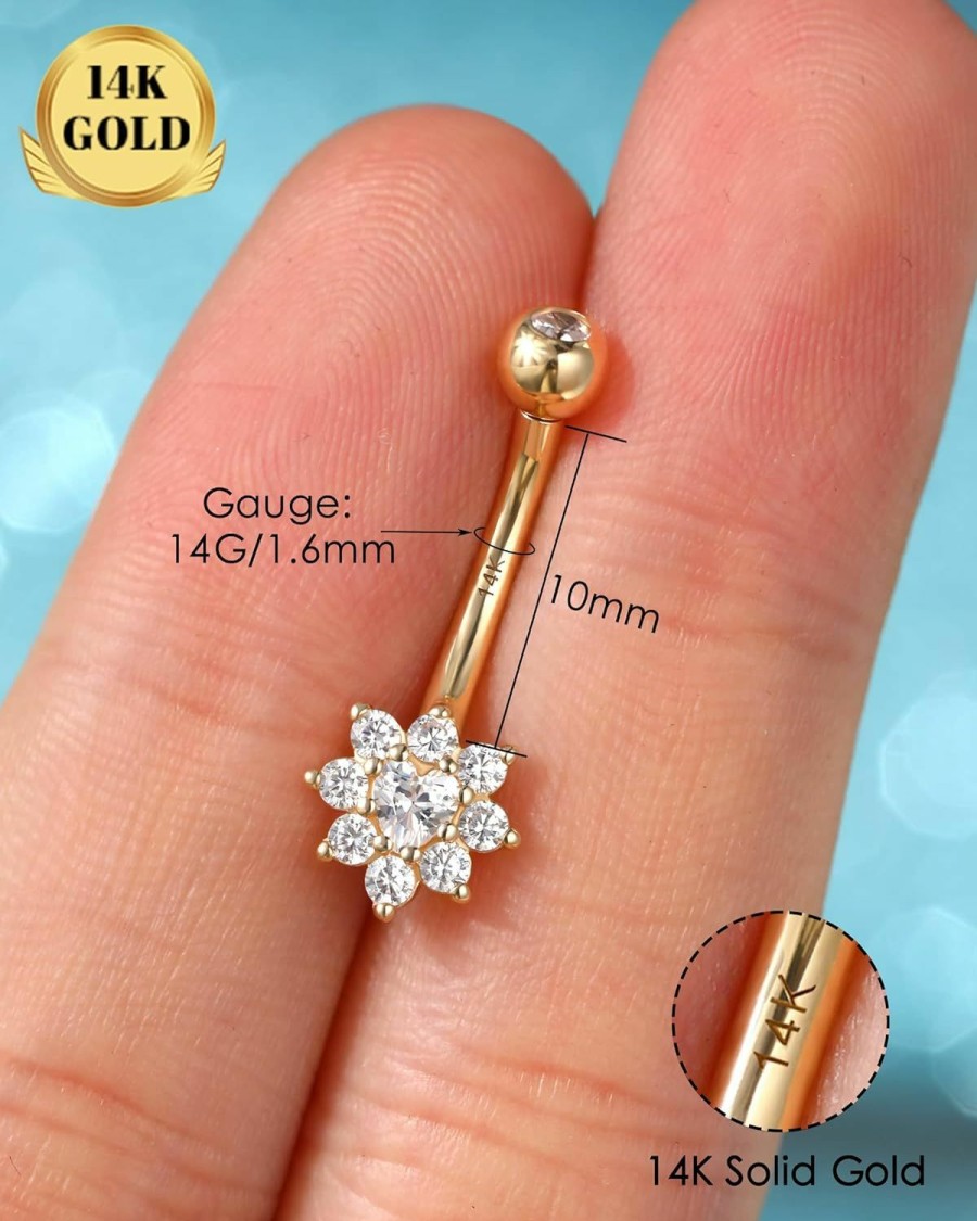 Melighting Melighting Solid Gold Belly Button Rings 14K Gold Internally Threaded Belly Rings For Women Flower Belly Piercing Clear Heart Cz Gold Navel Rings For Woman Body Piercing Jewelry | Body Piercing Barbells