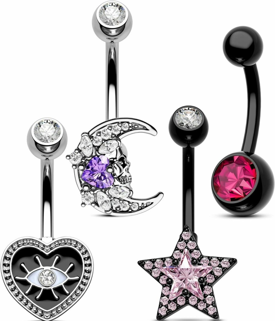 COCHARM Cocharm 4Pcs Black Pink Belly Button Rings Black Skull Moon Belly Piercing Heart Belly Rings 14G Goth Belly Button Rings Black Gothic Belly Navel Rings | Body Piercing Barbells