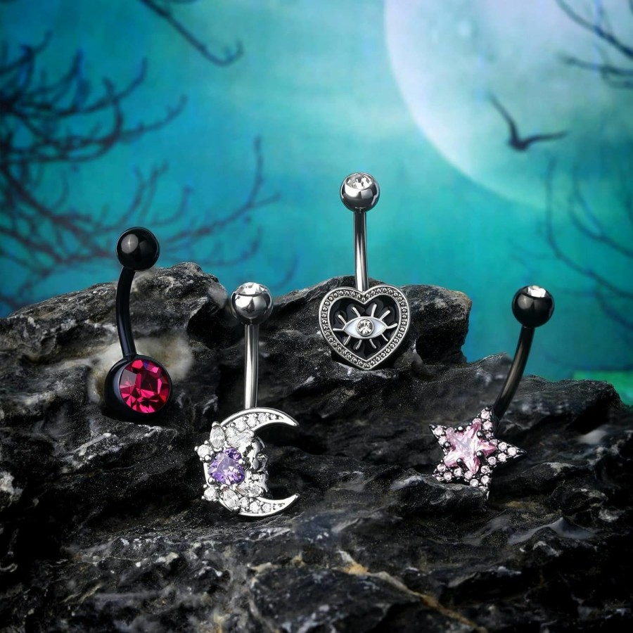 COCHARM Cocharm 4Pcs Black Pink Belly Button Rings Black Skull Moon Belly Piercing Heart Belly Rings 14G Goth Belly Button Rings Black Gothic Belly Navel Rings | Body Piercing Barbells