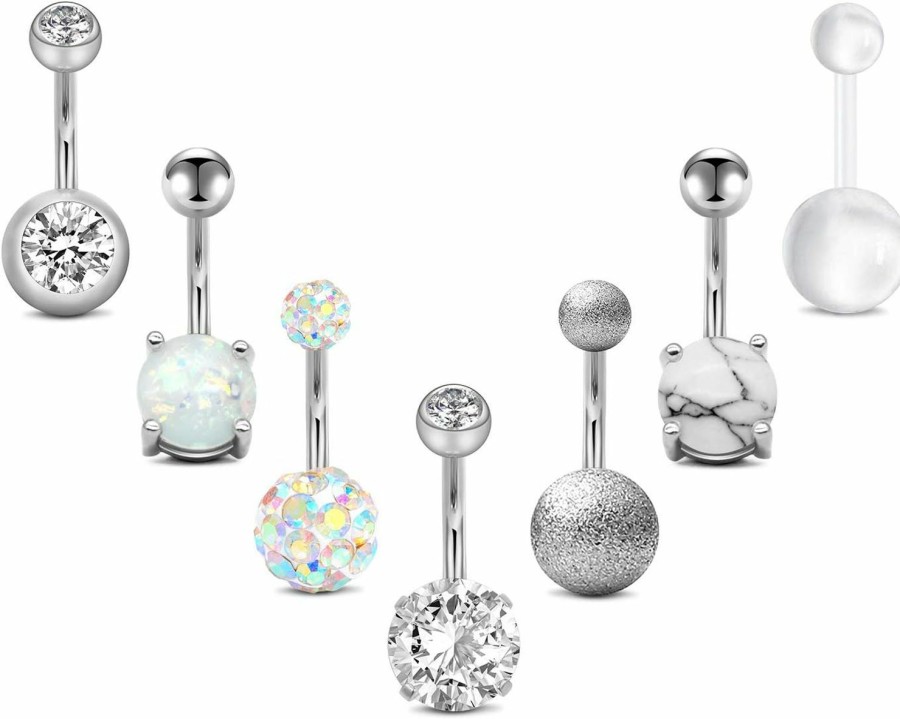 FECTAS Fectas 14G Belly Button Rings Surgical Steel Cz With Retainers Navel Ring Barbell For Women Girls Body Piercing Jewelry Rose Gold Silver | Body Piercing Barbells