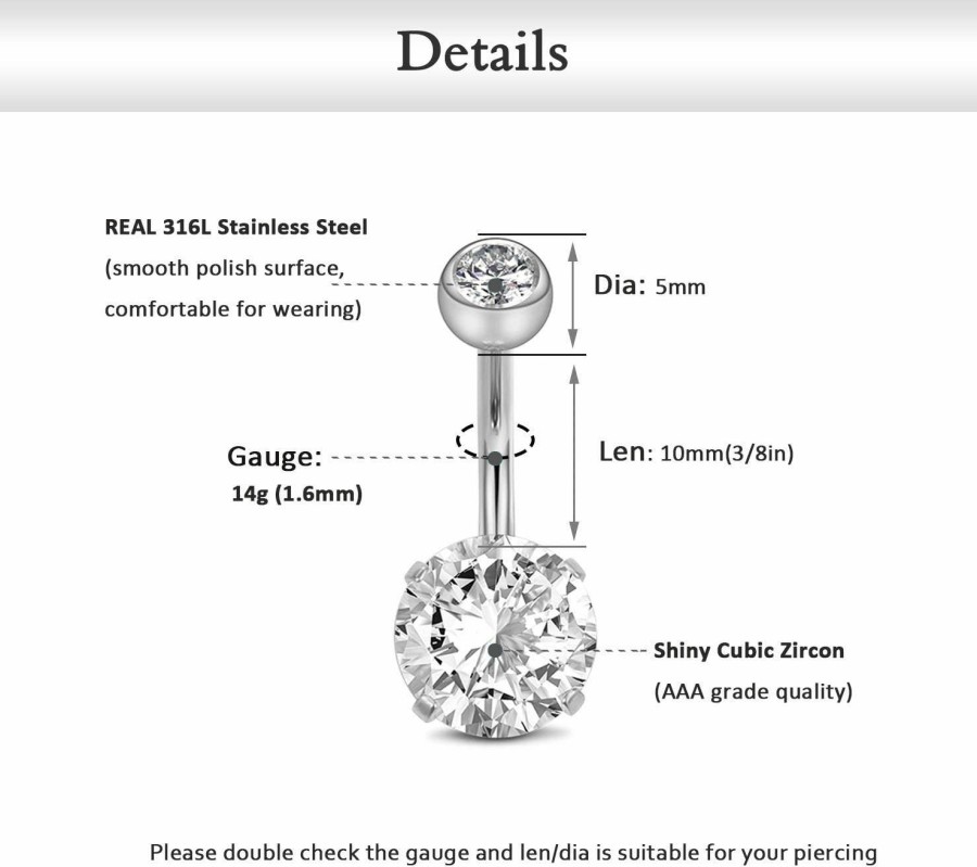 FECTAS Fectas 14G Belly Button Rings Surgical Steel Cz With Retainers Navel Ring Barbell For Women Girls Body Piercing Jewelry Rose Gold Silver | Body Piercing Barbells