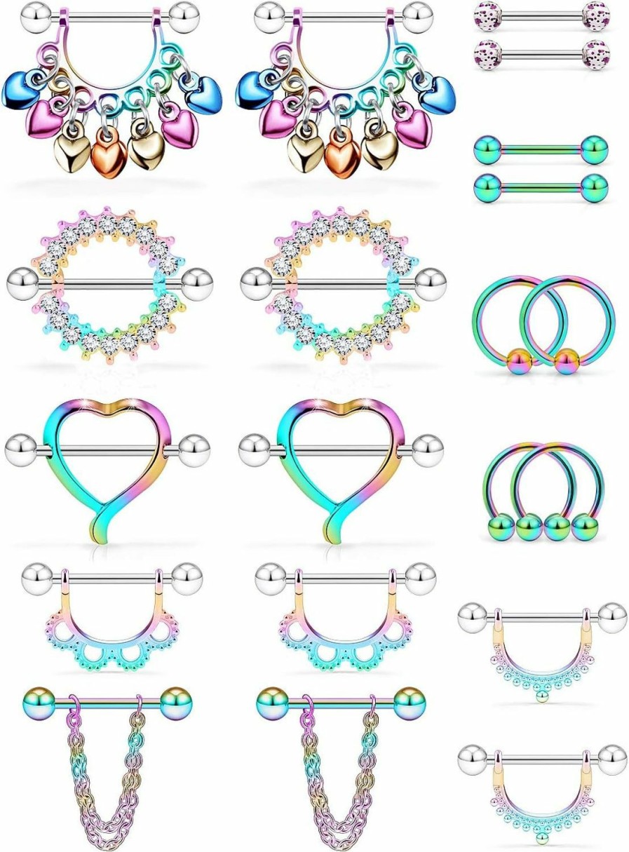 Ftovosyo Ftovosyo 20Pcs Nipple Ring 14G Surgical Steel Tongue Nipplerings Barbell Bar Hoop Rings Retainer Cz Heart Chain Dangle Nipple Piercing Jewelry For Women Men 14Mm (9/16 Inch) | Body Piercing Barbells