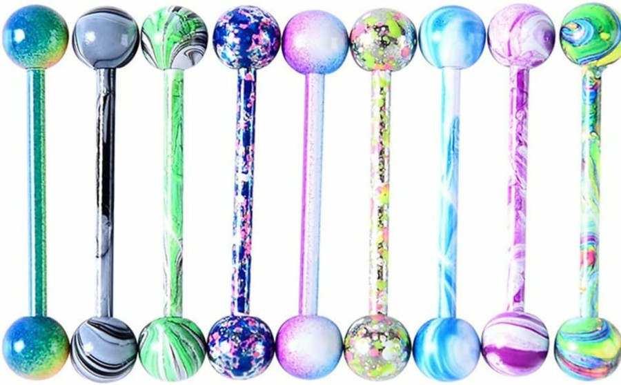 Tanyoyo Tanyoyo 14G 18 Pcs Colorful Ball Tongue Rings Stainless Steel Barbell Tongue Straight Ring Retainer Nipple Ring Bar Length 16Mm For Women Men | Body Piercing Barbells