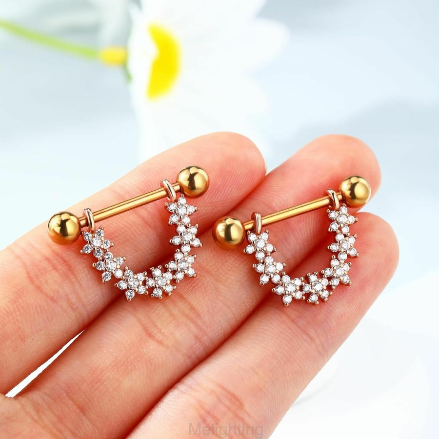 Melighting Melighting Nipple Rings 14G Flower Nipple Barbell Gingerbread Man Nipple Piercing Jewelry For Women Stainless Steel 316L Clear Cz 14Mm Nipple Jewelry Body Piercing Jewelry | Body Piercing Barbells