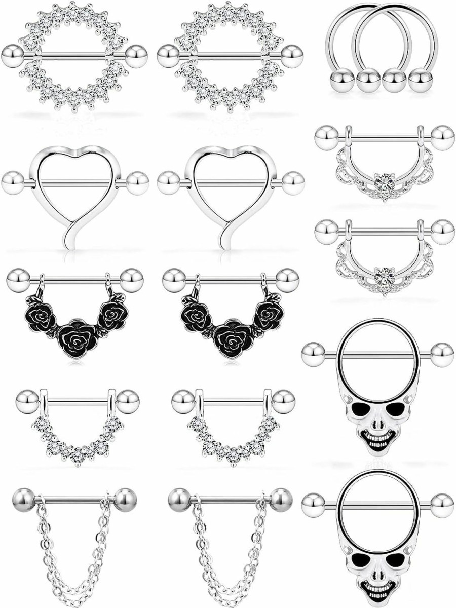 Hnxnskt Hnxnskt 14G Nipple Rings Nipplering For Women Straight Barbell Surgical Steel Nipple Rings Piercing Jewelry, Skull/Flower/Heart/Crystal/Ball | Body Piercing Barbells