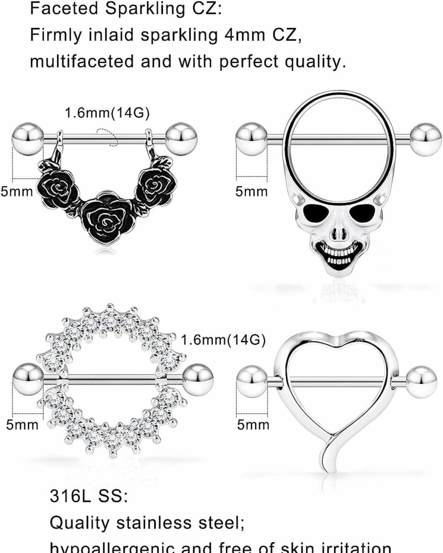 Hnxnskt Hnxnskt 14G Nipple Rings Nipplering For Women Straight Barbell Surgical Steel Nipple Rings Piercing Jewelry, Skull/Flower/Heart/Crystal/Ball | Body Piercing Barbells