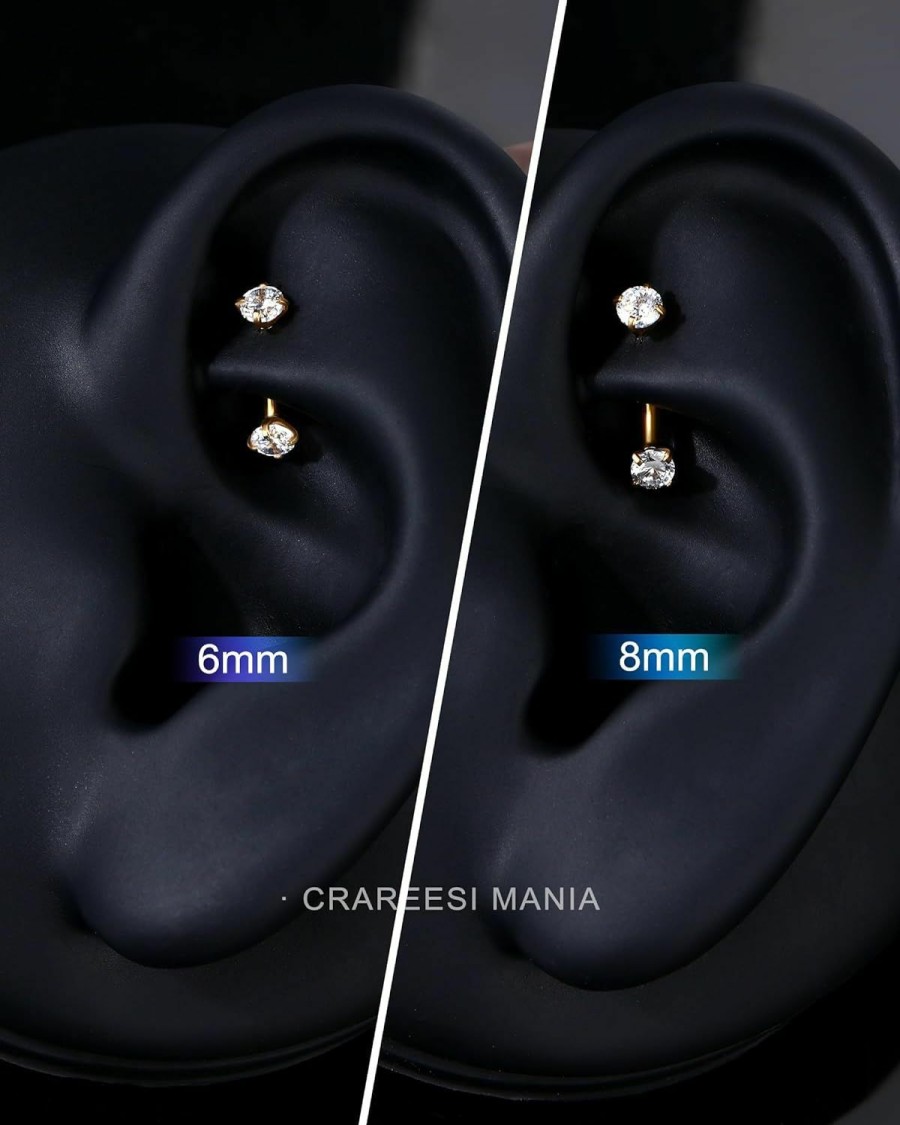 CM Crareesi Mania Cm Crareesi Mania Rook Earrings 316L Stainless Steel Rook Piercing Jewelry 16Gauge Eyebrow Piercing Jewelry Double Clear Cz Curved Barbell Rook Earring For Women | Body Piercing Barbells