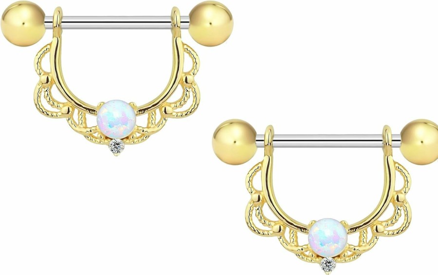 Forbidden Body Jewelry Forbidden Body Jewelry 14G-16G Surgical Steel Synthetic Opal Partial Nipple Shield Filigree Barbell Set | Body Piercing Barbells