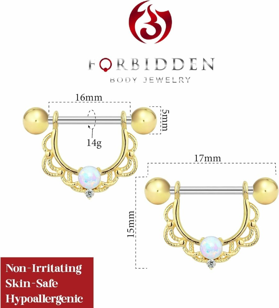 Forbidden Body Jewelry Forbidden Body Jewelry 14G-16G Surgical Steel Synthetic Opal Partial Nipple Shield Filigree Barbell Set | Body Piercing Barbells