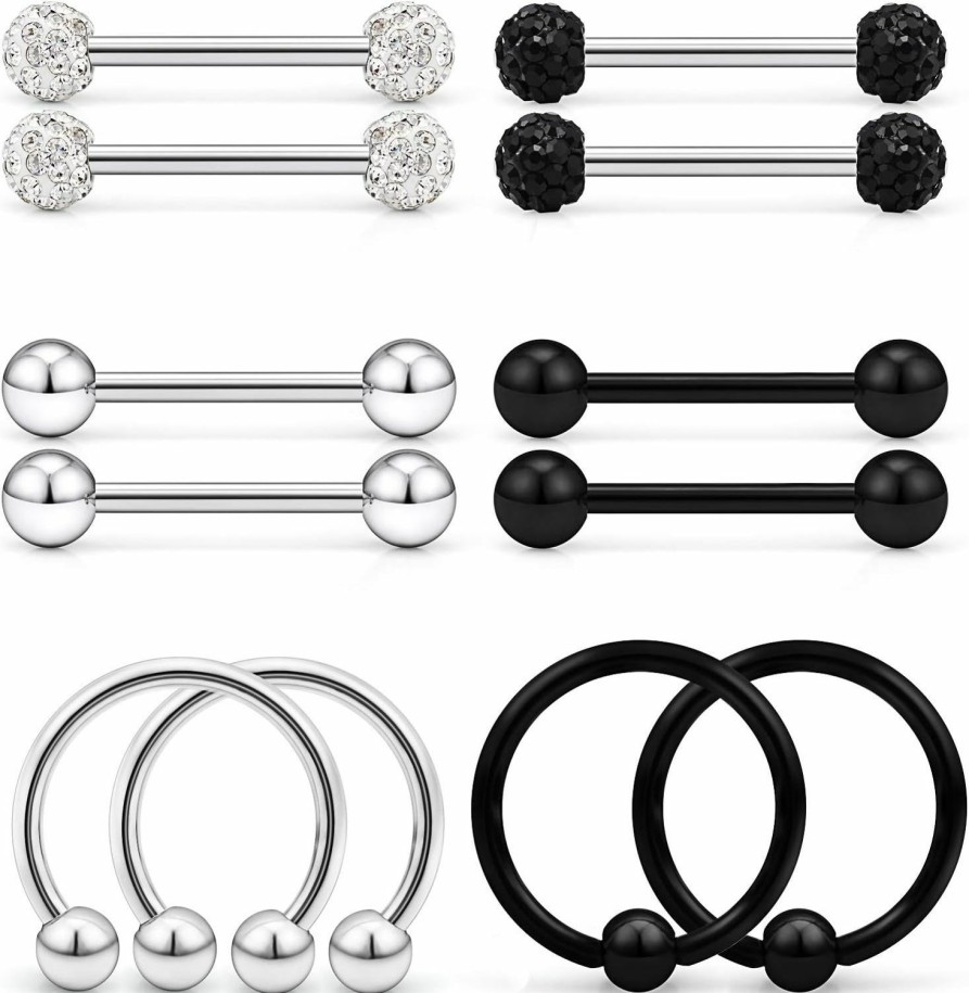 Lcolyoli Lcolyoli 12-18Pcs Nipple Ring 16G Surgical Steel Nipplerings Barbell Bar Nipple Hoop Rings Piercing Jewelry For Women Men Diamond Inlaid | Body Piercing Barbells