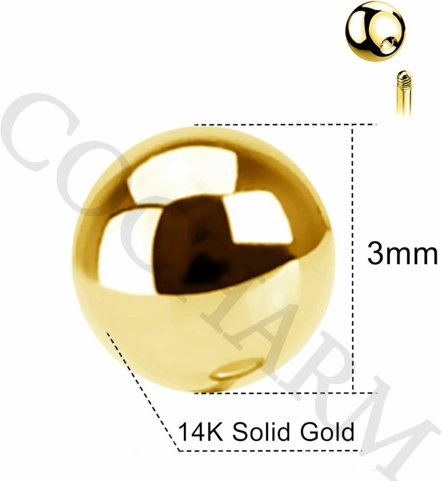 COCHARM Cocharm 14K Solid Gold Top Ball 3Mm Real 14K Yellow Gold Lip Top Ball For 16G 14K Gold Cartilage Back Ball Replacement Externally Threaded 3Mm Ball | Body Piercing Barbells