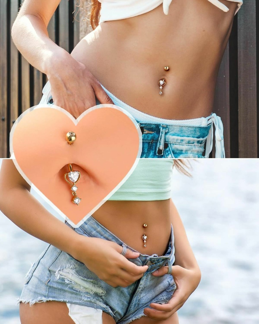 COCHARM Cocharm 10K Yellow Gold Belly Button Rings Dangling 14G Heart Gold Belly Rings For Women Clear Cz Gold Belly Navel Piercing Jewelry | Body Piercing Barbells