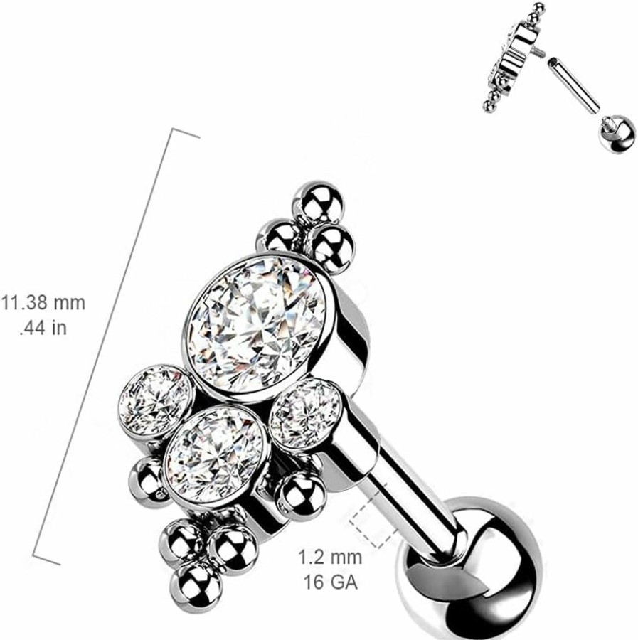 Pierced Owl Pierced Owl - 16Ga G23 Implant Grade Titanium Cz Crystal And Ball Cluster Internally Threaded Barbell | Body Piercing Barbells