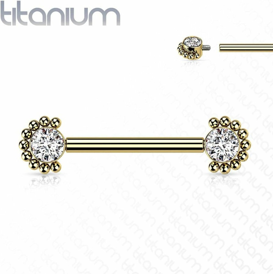 Dynamique Galerie Dynamique Implant Grade Titanium Nipple Barbells Internally Threaded With Bezel Set Cz Center And Beaded Edge (Sold Per Pair Or Per Piece) | Body Piercing Barbells