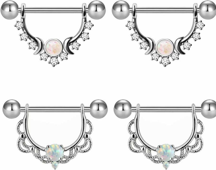 FLOGWE Flogwe 14G 316L Opal Stars Moon And Butterfly Leaves Dangle Nipple Rings, Surgical Stainless Steel Cz Nipple Barbells Piercing Barbell For Women… | Body Piercing Barbells