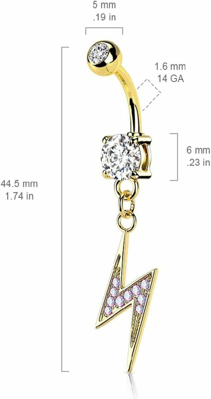 Pierced Owl Pierced Owl 14Ga Dangling Lightning Bolt Paved With Ab Cz On Double Jeweled 316L Surgical Stainless Steel Belly Button Ring (Rose Gold Tone/Clear) | Body Piercing Barbells