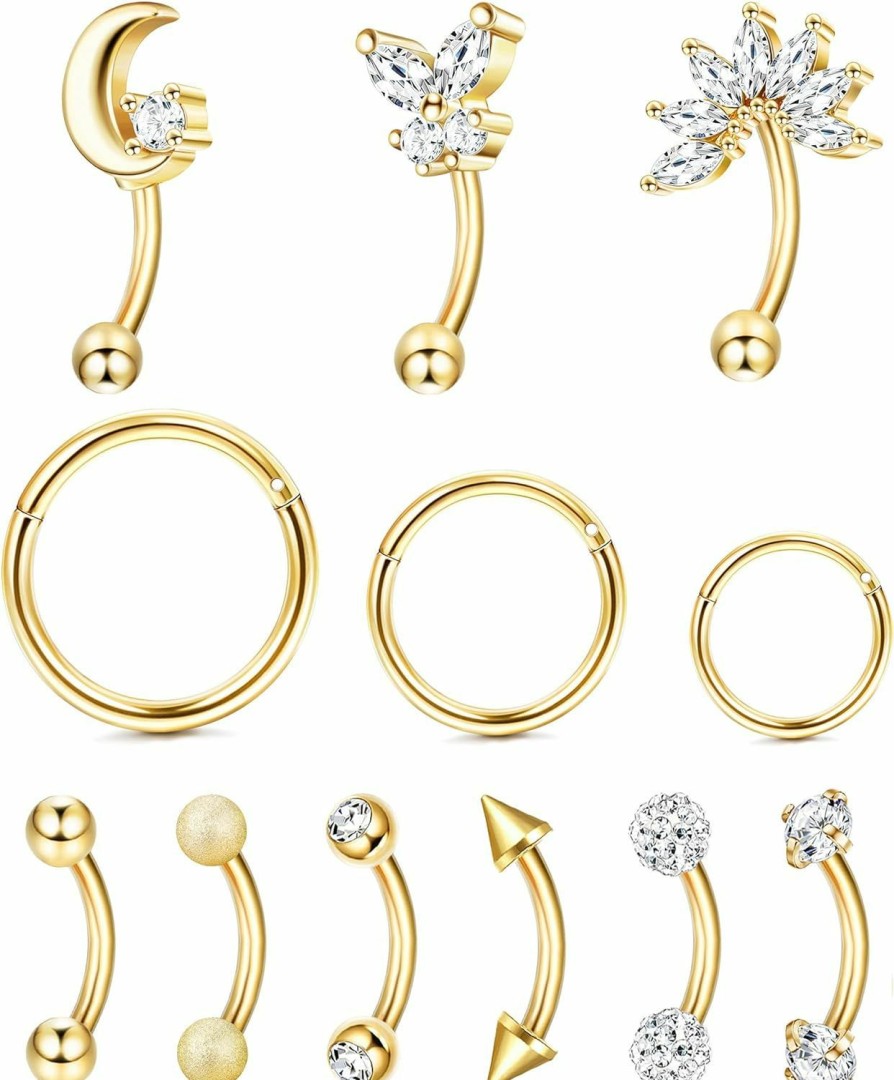 Ubjuliwa Ubjuliwa 12Pcs 16G Rook Piercing Jewelry Eyebrow Rings Stainless Steel Belly Lip Ring Cartilage Hoop Rook Daith Earrings Tragus Cz Body Piercing Curved Barbell | Body Piercing Barbells