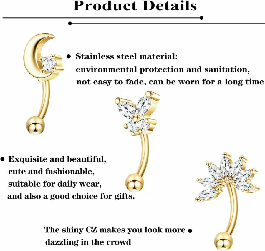 Ubjuliwa Ubjuliwa 12Pcs 16G Rook Piercing Jewelry Eyebrow Rings Stainless Steel Belly Lip Ring Cartilage Hoop Rook Daith Earrings Tragus Cz Body Piercing Curved Barbell | Body Piercing Barbells