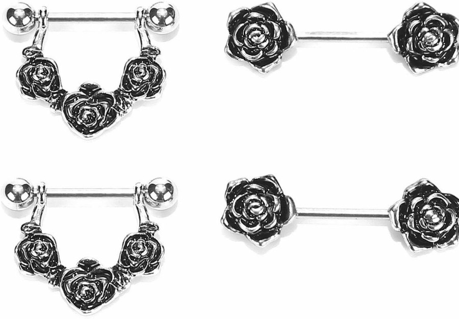 NASAMA Nasama Stainless Steel Rose Nipple Ring Cz Stars Nipple Barbell Rings Nipple Tongue Body Piercing Jewelry | Body Piercing Barbells