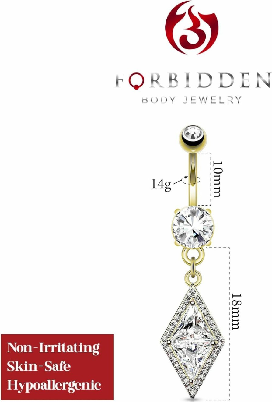 Forbidden Body Jewelry Forbidden Body Jewelry Surgical Steel Fancy Dia-Cut Pave Cz Triangle Dangle Belly Ring (Choose Color) | Body Piercing Barbells