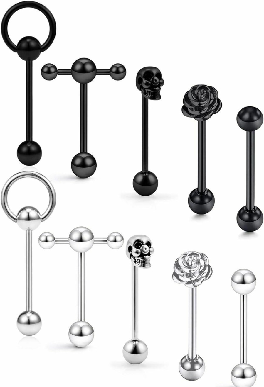 Yaalozei Yaalozei 14G Skull Tongue Rings For Women Men Hypoallergenic 316L Surgical Steel Tongue Barbells Rose Door Lock Tongue Teaser Double Bar Slave Ring Nipple Ring Ring Body Piercing Jewelry Silver Black | Body Piercing Barbells