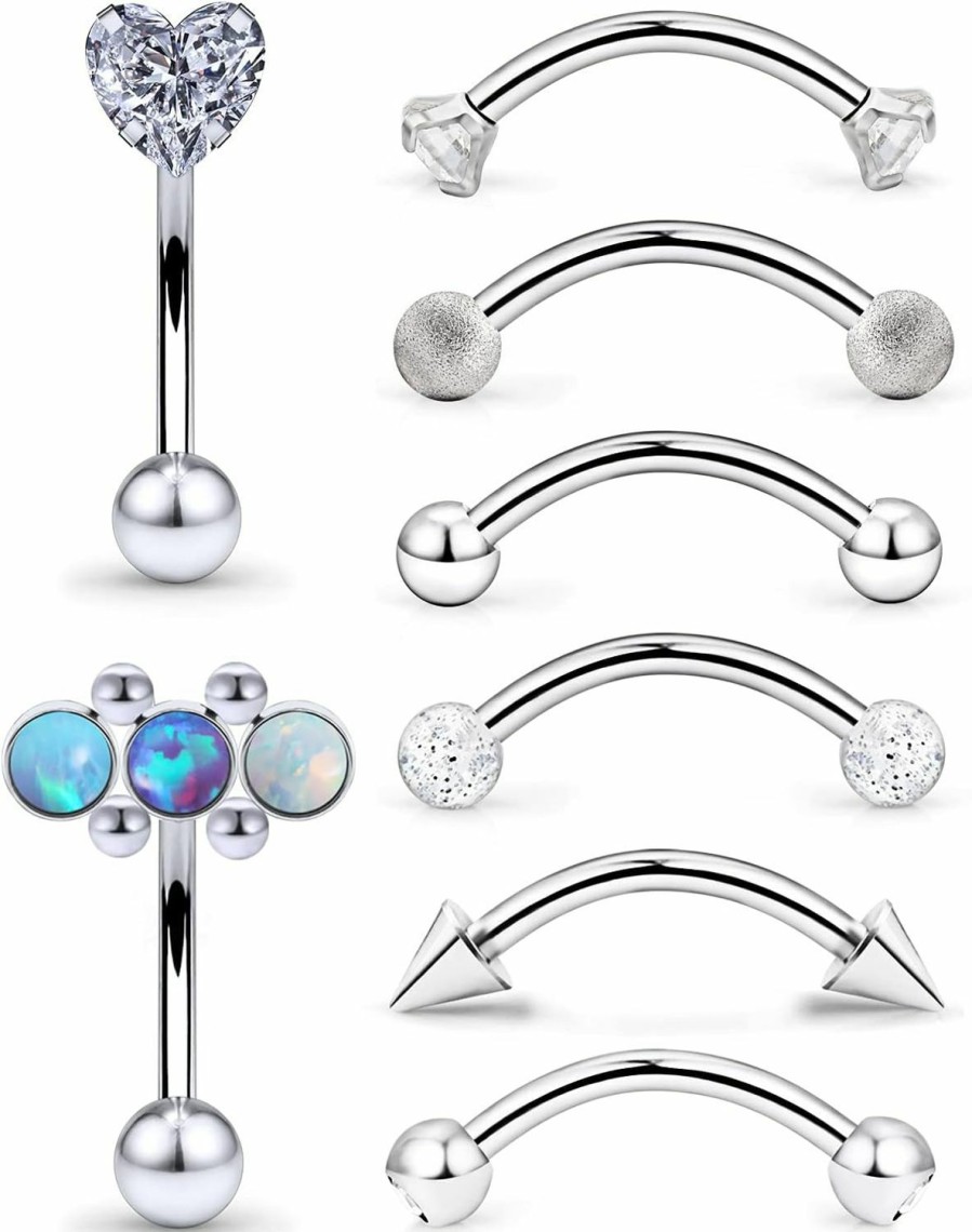 Boernfnso Boernfnso 16G Rook Piercing Jewelry Surgical Steel Eyebrow Rings 8Mm Cz Diamonds Silver Metal Ball Opal Glittering Forward Helix Tragus Daith Piercing Jewelry Snug Earrings Studs Curved Barbell 8Pcs | Body Piercing Barbells