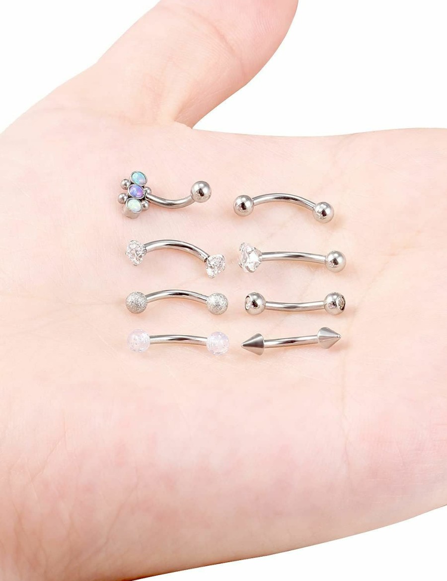 Boernfnso Boernfnso 16G Rook Piercing Jewelry Surgical Steel Eyebrow Rings 8Mm Cz Diamonds Silver Metal Ball Opal Glittering Forward Helix Tragus Daith Piercing Jewelry Snug Earrings Studs Curved Barbell 8Pcs | Body Piercing Barbells