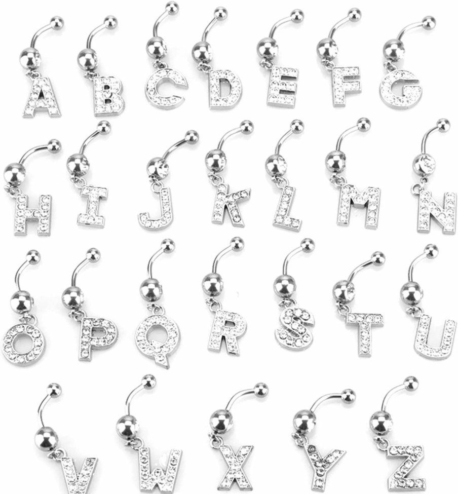 jieji Jieji Dangle Belly Button Rings Initial 14G Surgical Steel Navel Ring 26 Letters Cubic Zirconia Body Piercing | Body Piercing Barbells