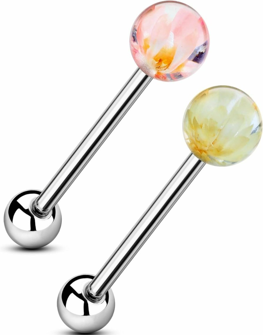 COCHARM Cocharm 2Pcs G23 Solid Titanium Tongue Rings For Women Flower Hypoallergenic Acrylic Tongue Ring 14G Tongue Barbells Cute Tongue Piercing Jewlery | Body Piercing Barbells