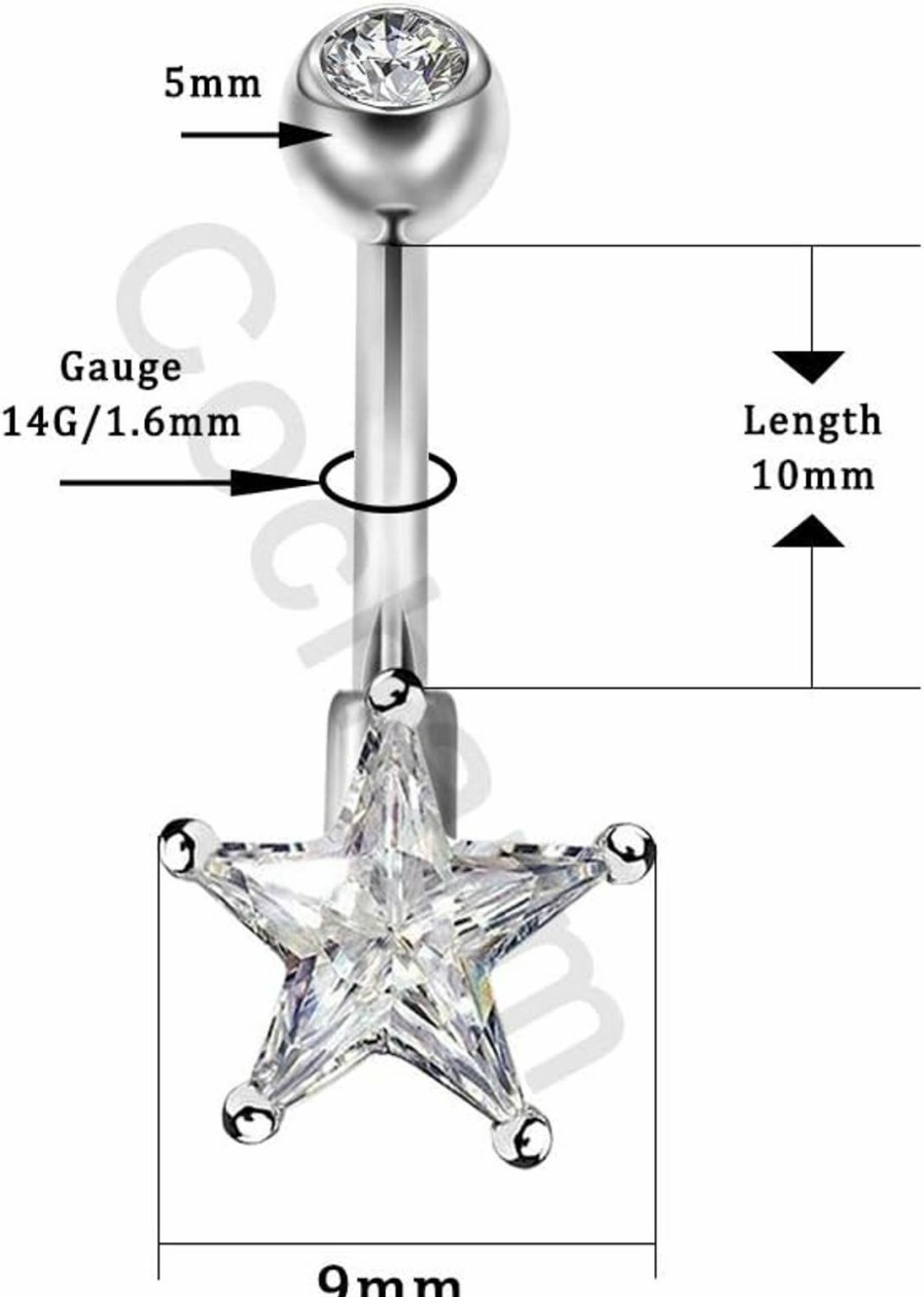 COCHARM Cocharm 14G Dainty Belly Button Rings Clear Star Cz Belly Navel Rings 316L Stainless Steel Belly Piercing Jewelry | Body Piercing Barbells