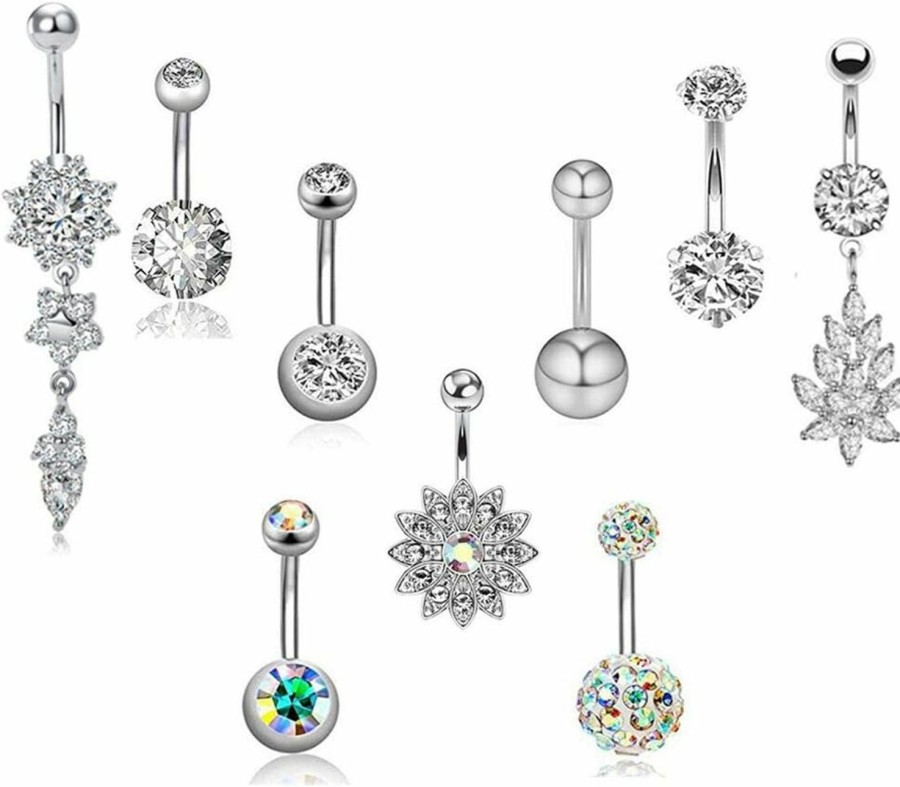 SENNI Senni 9 Pcs 14G Stainless Steel Dangle Belly Button Rings Screw Navel Barbell Piercing Jewelry For Women (Steel Color) | Body Piercing Barbells