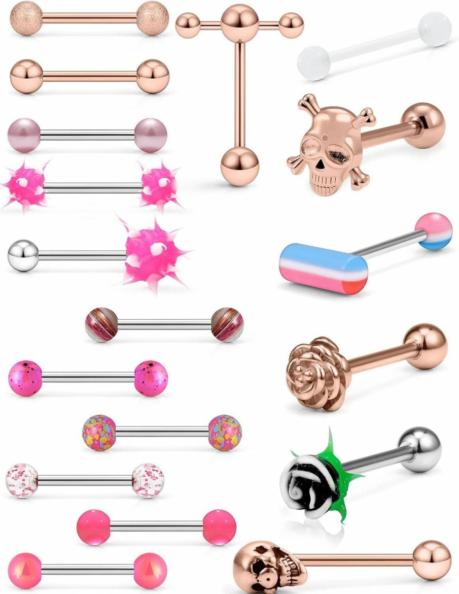 Ylqjksk Ylqjksk Tongue Rings Surgical Steel 14G Tongue Piercing Jewelry Plastic Tongue Rings For Women Men Clear Cz Acrylic Skull Ghost Pill Glow Dark Flower T Shape Glitter Tongue Ring Rainbow 5/8Inch 16Mm | Body Piercing Barbells