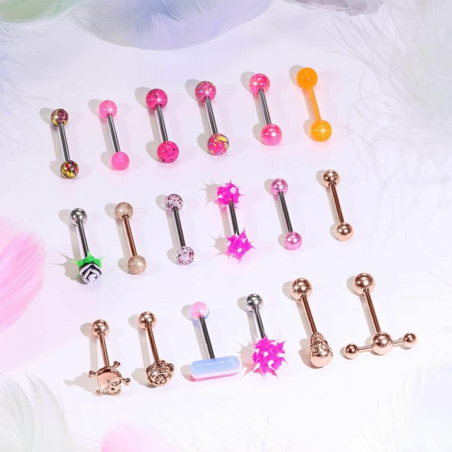 Ylqjksk Ylqjksk Tongue Rings Surgical Steel 14G Tongue Piercing Jewelry Plastic Tongue Rings For Women Men Clear Cz Acrylic Skull Ghost Pill Glow Dark Flower T Shape Glitter Tongue Ring Rainbow 5/8Inch 16Mm | Body Piercing Barbells